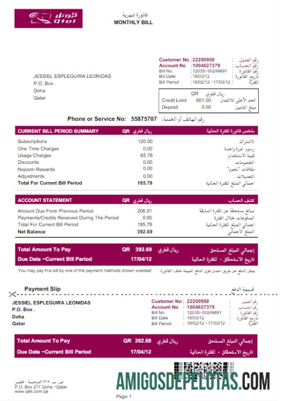 Em branco modelo Word e PDF de conta de serviços públicos QATAR QTEL